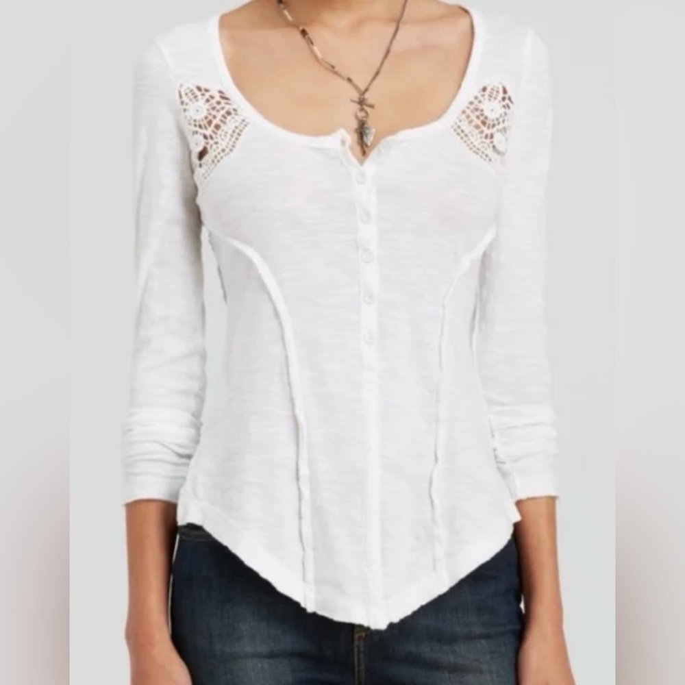 Free People White Cotton Henley with Lace Accents - Size M